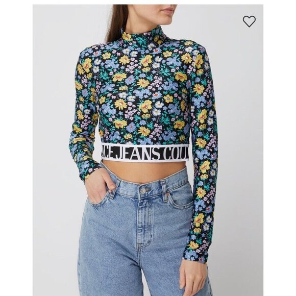 Versace Jeans Couture Long Sleeve Crop Top Hydrangea Blue Floral - Picture 1 of 7